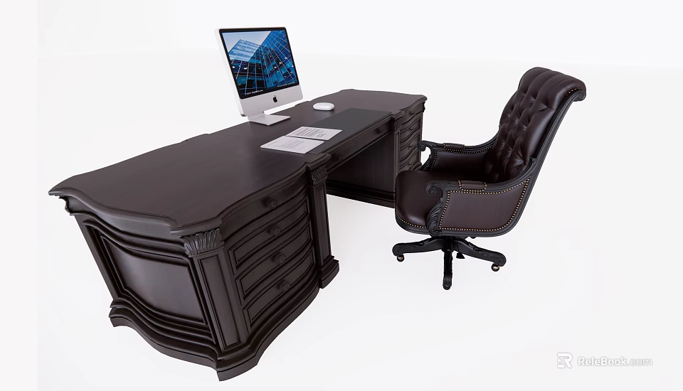Dark Wooden Ornate Desk With Leather Office Chair And Apple Computer Keyboard Mouse On Top 3d model 