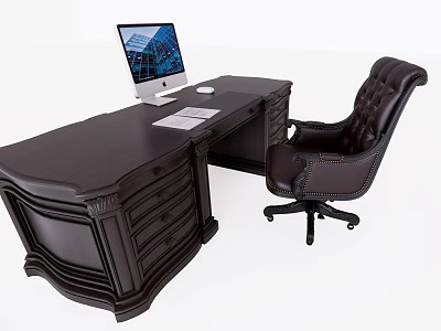 Dark Wooden Ornate Desk With Leather Office Chair And Apple Computer Keyboard Mouse On Top 3d model