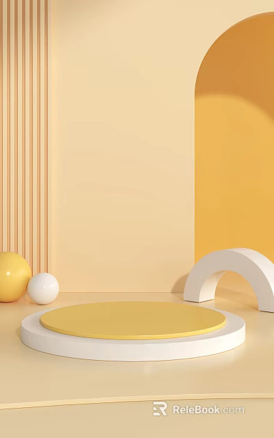 Minimalist Yellow Beige Display With Vertical Stripes Spherical Decor And Arch Platform 3d model