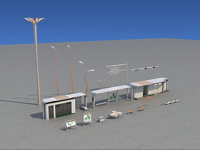 Modern Road Facilities With Bus Shelter Street Lamps Benches And Information Boards 3d model
