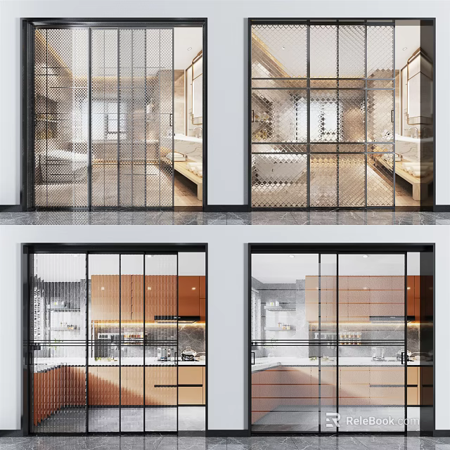 Modern Glass Sliding Doors With Metal Grid Frame Design For Interior Kitchen Space 3d model 