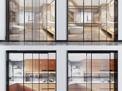 Modern Glass Sliding Doors With Metal Grid Frame Design For Interior Kitchen Space 3d model
