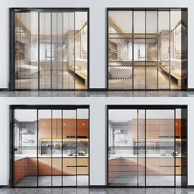 Modern Glass Sliding Doors With Metal Grid Frame Design For Interior Kitchen Space 3d model