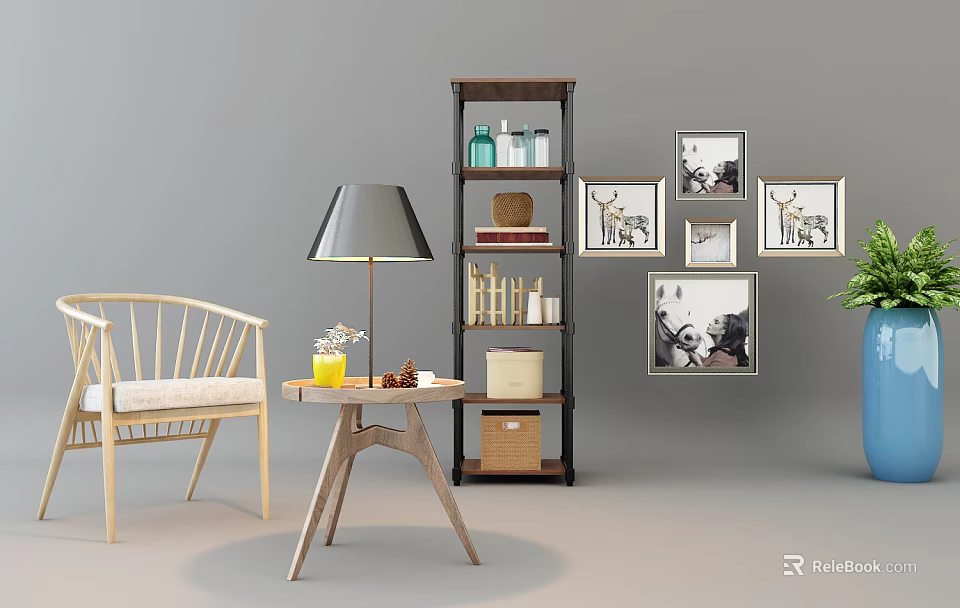 Cozy Lounge Chair With Wooden Frame Side Table Lamp And Wall Art Decor 3d model 