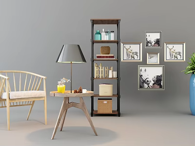 Cozy Lounge Chair With Wooden Frame Side Table Lamp And Wall Art Decor 3d model