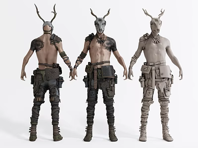 Game and Movie Character Design with Antler Headgear Bare Torso Tattoos Pocketed Pants and Boots 3d model