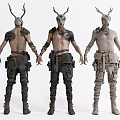 Game and Movie Character Design with Antler Headgear Bare Torso Tattoos Pocketed Pants and Boots