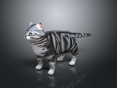 Gray Striped Cat With White Belly Green Eyes And Pink Ears Standing On Smooth Background 3d model