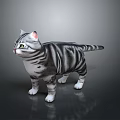 Gray Striped Cat With White Belly Green Eyes And Pink Ears Standing On Smooth Background