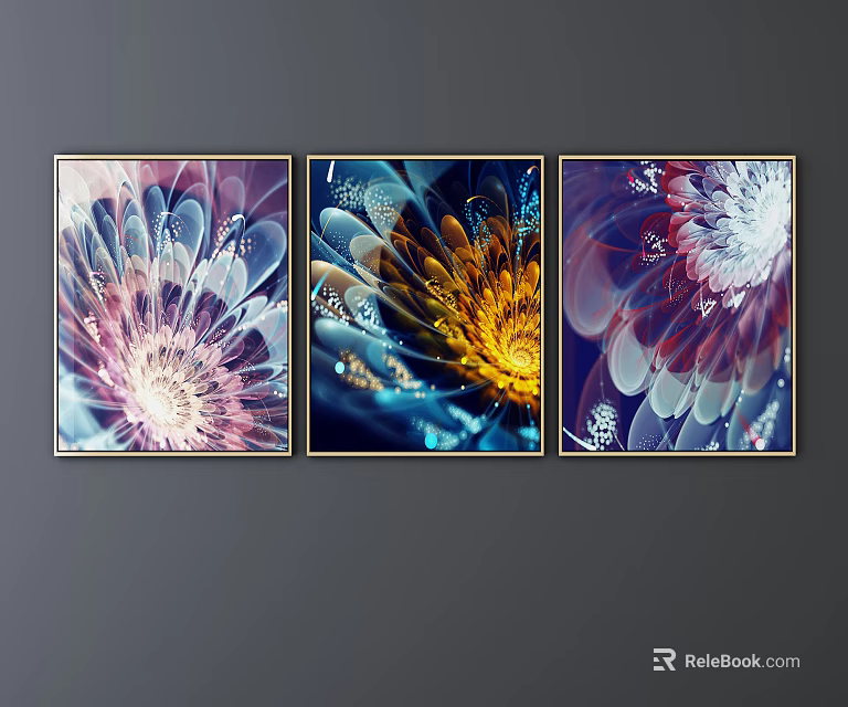 Three Piece Abstract Botanical Art With Vibrant Floral Patterns For Home Wall Decor 3d model 