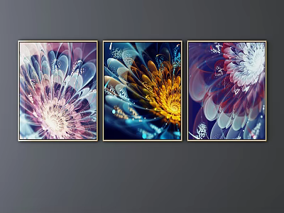 Three Piece Abstract Botanical Art With Vibrant Floral Patterns For Home Wall Decor 3d model