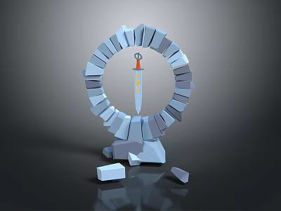 Gray Block Ring Structure With Central Sword Red Hilt And Yellow Star Decorations 3d model