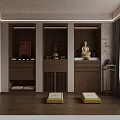 Traditional Buddhist Shrine Cabinet Interior With Buddha Statue Red Scrolls And Yellow Cushions