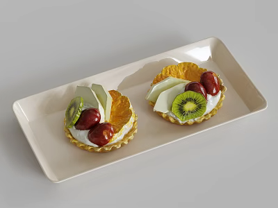 Delicious Fruit Tarts With Kiwi Strawberries And Orange Slices On White Rectangular Tray 3d model