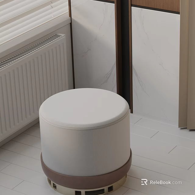 Round White Upholstered Side Table With Wooden Base In Modern Marble Wall Interior 3d model 