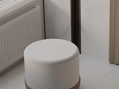 Round White Upholstered Side Table With Wooden Base In Modern Marble Wall Interior 3d model