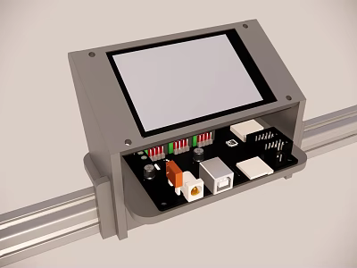 Industrial Equipment Control Panel With Display Screen Mounted On Metal Rail And Internal Electronic Components 3d model