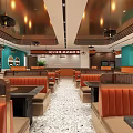 Modern Hotpot Restaurant Interior With Orange Blue Walls Comfortable Seats And Stylish Pendant Lights