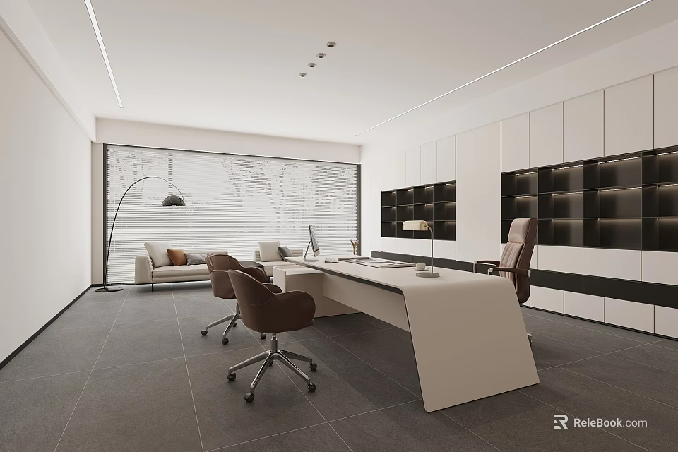 Modern Open Office Interior With White Desk Brown Chairs Large Window And Bookshelves 3d model 