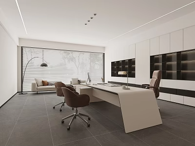 Modern Open Office Interior With White Desk Brown Chairs Large Window And Bookshelves 3d model