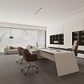 Modern Open Office Interior With White Desk Brown Chairs Large Window And Bookshelves