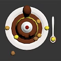 Cat Shaped Cake With Chocolate Topping Whipped Cream Cherry And Small Pastries On White Plate 3d model