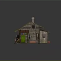 Log Cabin With Grass Roof Chimney Green Door Red Awning And Small Table Chairs