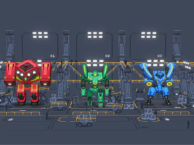 Colorful Robot Characters Red Green Blue in Factory Workshop with Mechanical Structures and Lighting 3d model