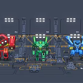Colorful Robot Characters Red Green Blue in Factory Workshop with Mechanical Structures and Lighting