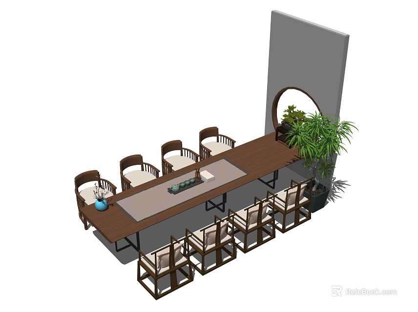 Elegant Dining Table Set With Long Wooden Table Chairs Potted Plant And Circular Wall Decor 3d model 