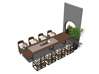 Elegant Dining Table Set With Long Wooden Table Chairs Potted Plant And Circular Wall Decor 3d model