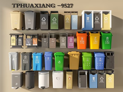 Public Facility Collection of Colorful Trash Bins With Recycling Symbols and Sizes 3d model