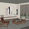 Modern Living Room Interior With Beige Sofa Wooden Coffee Table Accent Chair And Large Window Blinds