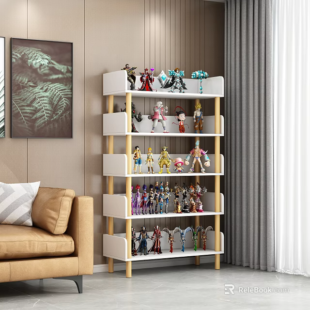 Modern Living Room Wooden Storage Shelf with Multiple Tiers and Action Figures 3d model 