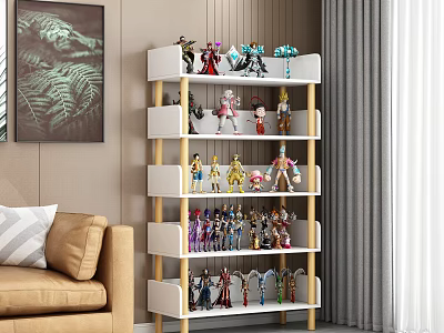 Modern Living Room Wooden Storage Shelf with Multiple Tiers and Action Figures 3d model