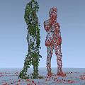 Vines Forming Green And Red Human Shaped Figures Against Light Blue Background With Scattered Leaves