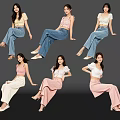 Multiple Women In Stylish Tops And Pants Posing Against Black Background