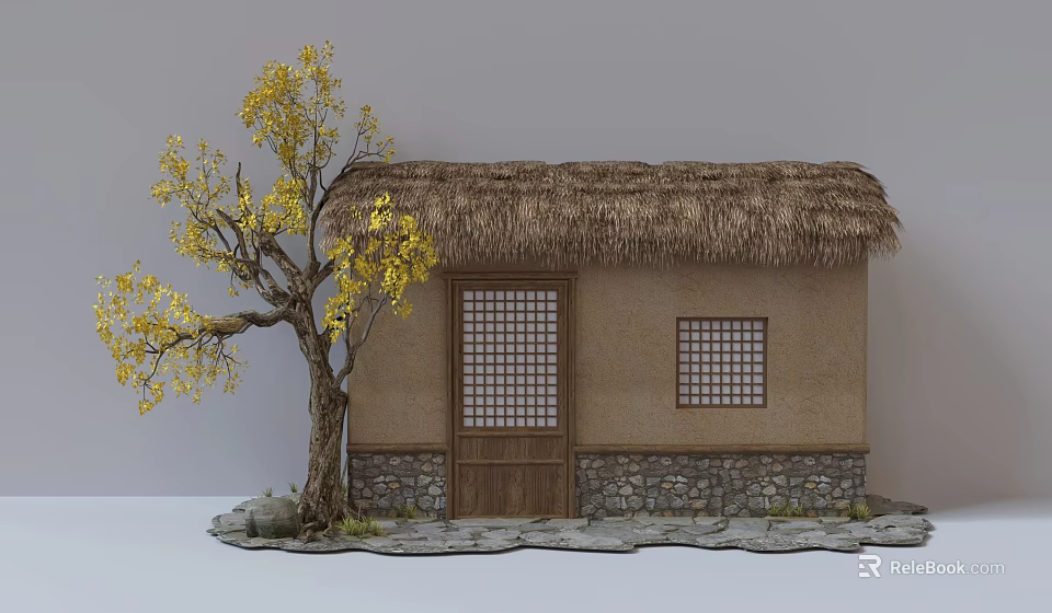 Thatched Cottage With Stone Base Wooden Door Lattice Windows And Yellow Leaf Tree 3d model 
