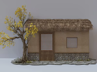 Thatched Cottage With Stone Base Wooden Door Lattice Windows And Yellow Leaf Tree 3d model