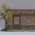 Thatched Cottage With Stone Base Wooden Door Lattice Windows And Yellow Leaf Tree