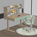 Wooden Children's Study Desk with Bookshelf Light Green Adjustable Chair Decorative Toys and Round Rug
