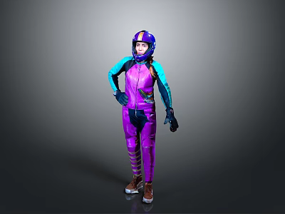 Person In Purple And Blue Jumpsuit With Helmet Standing On Gray Background 3d model