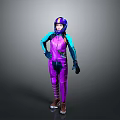 Person In Purple And Blue Jumpsuit With Helmet Standing On Gray Background