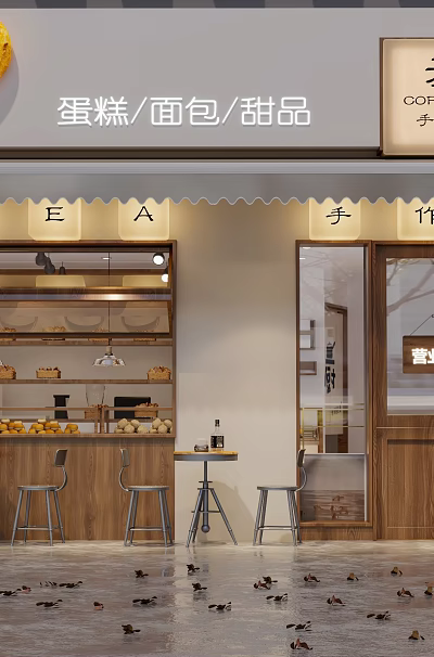 Handmade Bakery Storefront With Glass Doors Wooden Structure And Display Cabinets For Cakes Bread Desserts 3d model