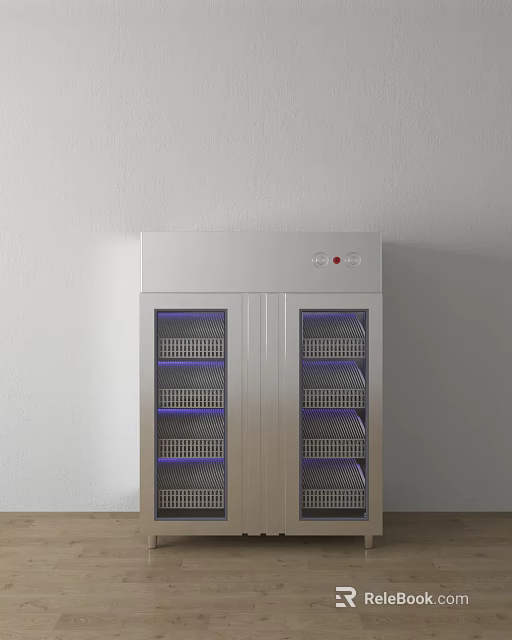 Modern Stainless Steel Double Door Kitchen Appliance With Purple Lighted Shelves 3d model 
