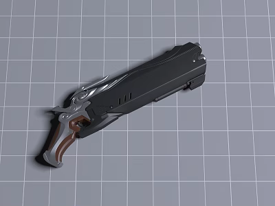 Futuristic Pistol Style Weapon With Black Body Brown Grip And Metallic Design 3d model
