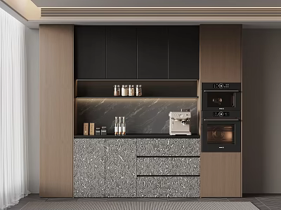 Modern Sideboard With Marble Countertop Open Shelves Drawers And Decorative Jars 3d model