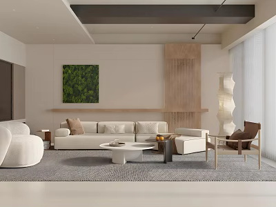 Modern Living Room Interior With White Sofa Wooden Accents Greenery Art Floor Lamp And Rug 3d model