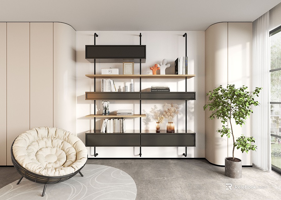 Modern Elegant Shelving Unit With Layered Design In Stylish Living Space Cozy Chair Green Plant 3d model 