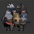 Three Armored Bear Game Characters With Distinct Color Schemes And Detailed Equipment